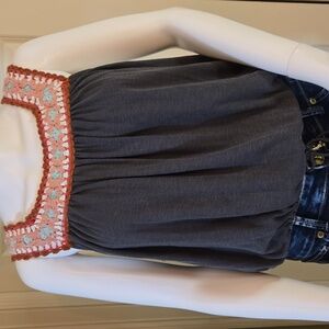 NWOT Lucky Brand Dark Gray Top with Multicolor Crochet